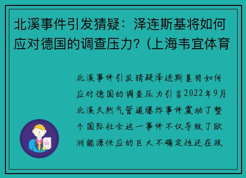 北溪事件引发猜疑：泽连斯基将如何应对德国的调查压力？(上海韦宜体育怎么样)