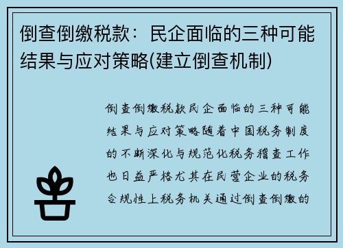 倒查倒缴税款：民企面临的三种可能结果与应对策略(建立倒查机制)