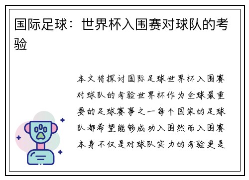 国际足球：世界杯入围赛对球队的考验