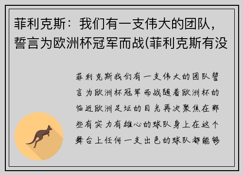 菲利克斯：我们有一支伟大的团队，誓言为欧洲杯冠军而战(菲利克斯有没有参加欧洲杯)