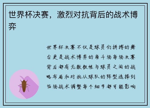 世界杯决赛，激烈对抗背后的战术博弈