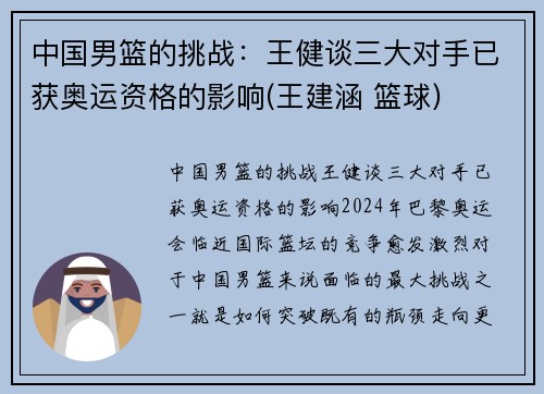 中国男篮的挑战：王健谈三大对手已获奥运资格的影响(王建涵 篮球)