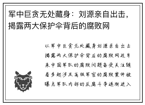军中巨贪无处藏身：刘源亲自出击，揭露两大保护伞背后的腐败网