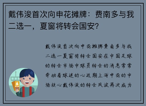 戴伟浚首次向申花摊牌：费南多与我二选一，夏窗将转会国安？