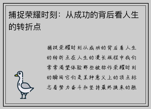 捕捉荣耀时刻：从成功的背后看人生的转折点